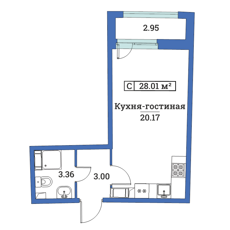 Квартира-студия, 27.9 м² в ЖК "Авиатор (Лидер Групп)" - планировка, фото №1