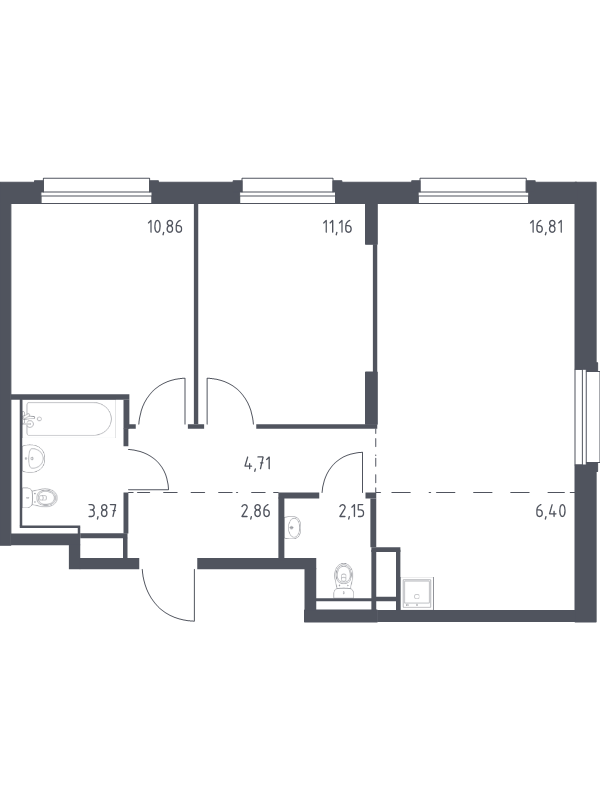 3-комнатная (Евро) квартира, 58.82 м² - планировка, фото №1