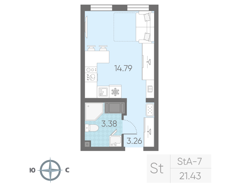 Квартира-студия, 21.43 м² в ЖК "Морская миля" - планировка, фото №1