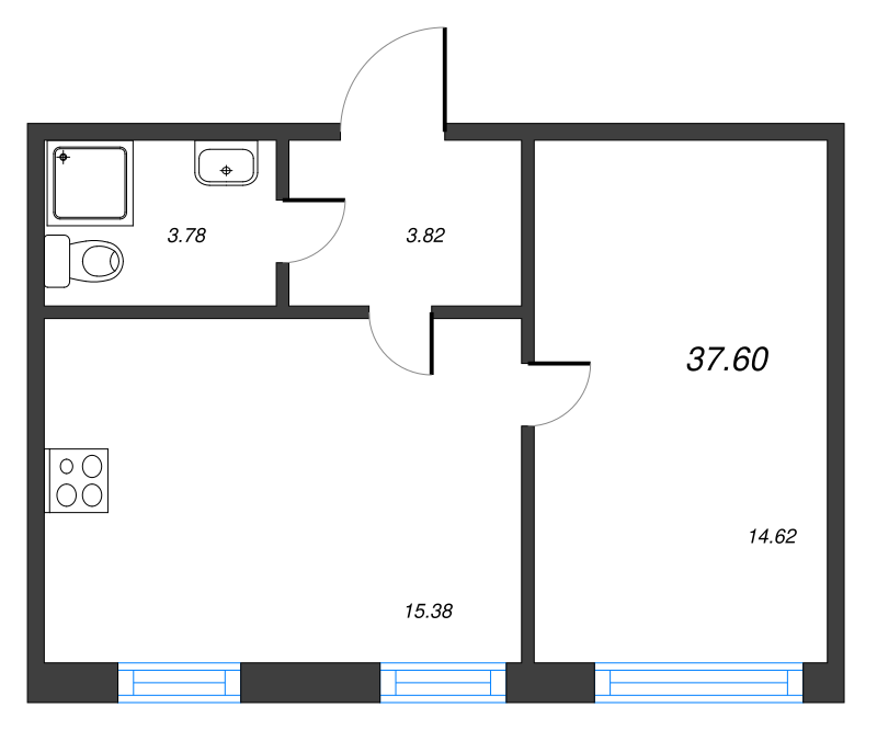 2-комнатная (Евро) квартира, 37.6 м² в ЖК "Чёрная речка" - планировка, фото №1