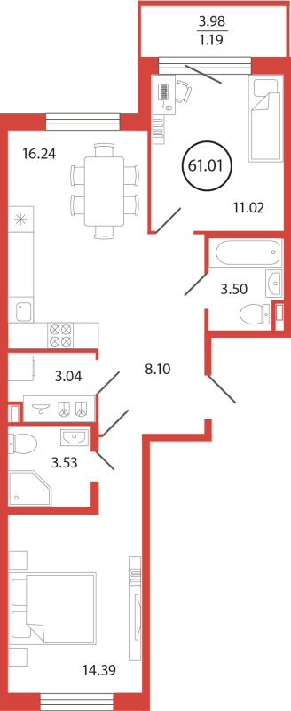 3-комнатная (Евро) квартира, 61.01 м² в ЖК "Энфилд" - планировка, фото №1