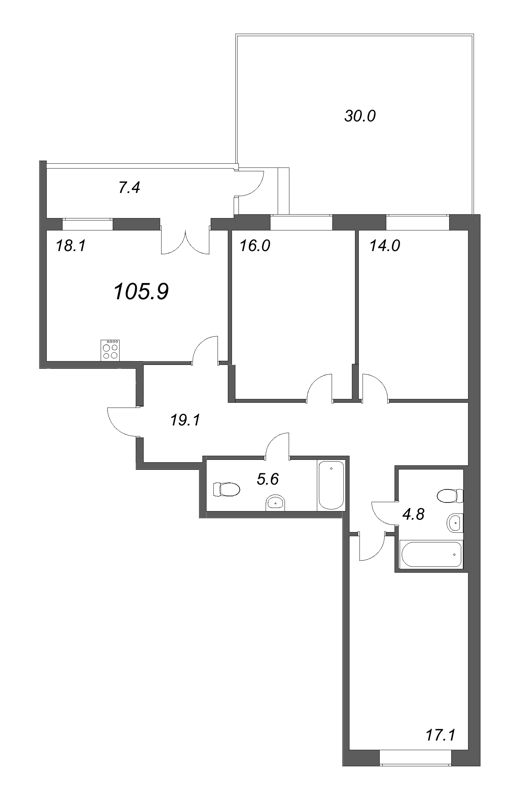 4-комнатная (Евро) квартира, 105.9 м² - планировка, фото №1
