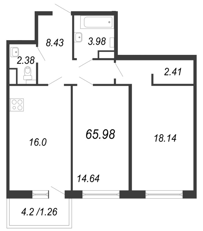 3-комнатная (Евро) квартира, 65.98 м² - планировка, фото №1