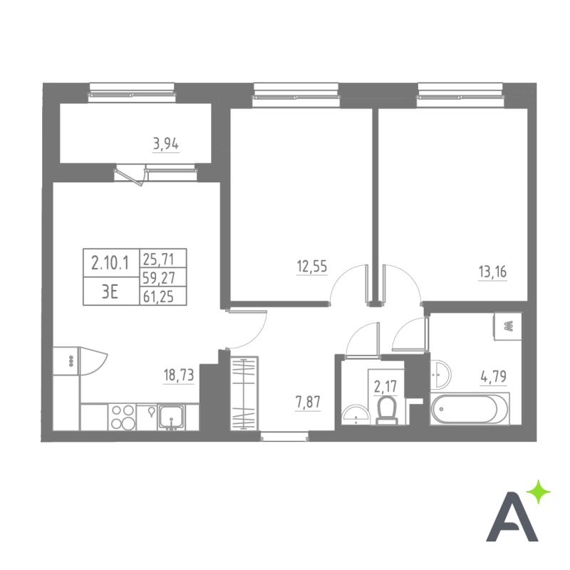 3-комнатная (Евро) квартира, 61.25 м² в ЖК "Аквилон Solar" - планировка, фото №1
