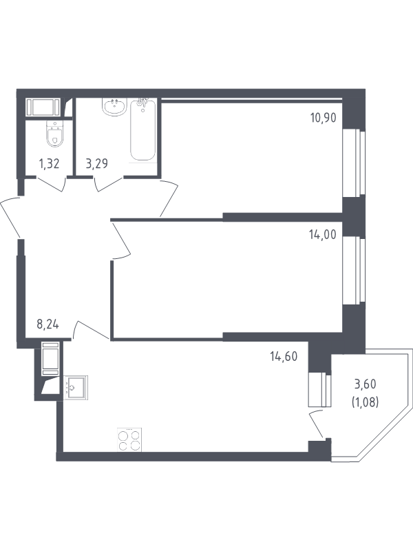 2-комнатная квартира, 53.43 м² - планировка, фото №1