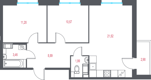 3-комнатная (Евро) квартира, 59.2 м² в ЖК "Город-спутник Южный" - планировка, фото №1