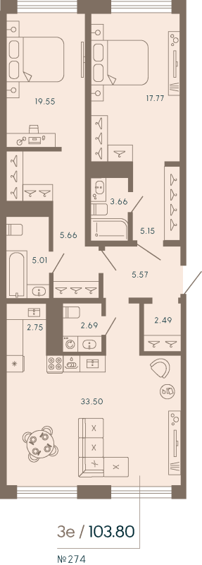 3-комнатная (Евро) квартира, 103.8 м² в ЖК "17/33 Петровский остров" - планировка, фото №1