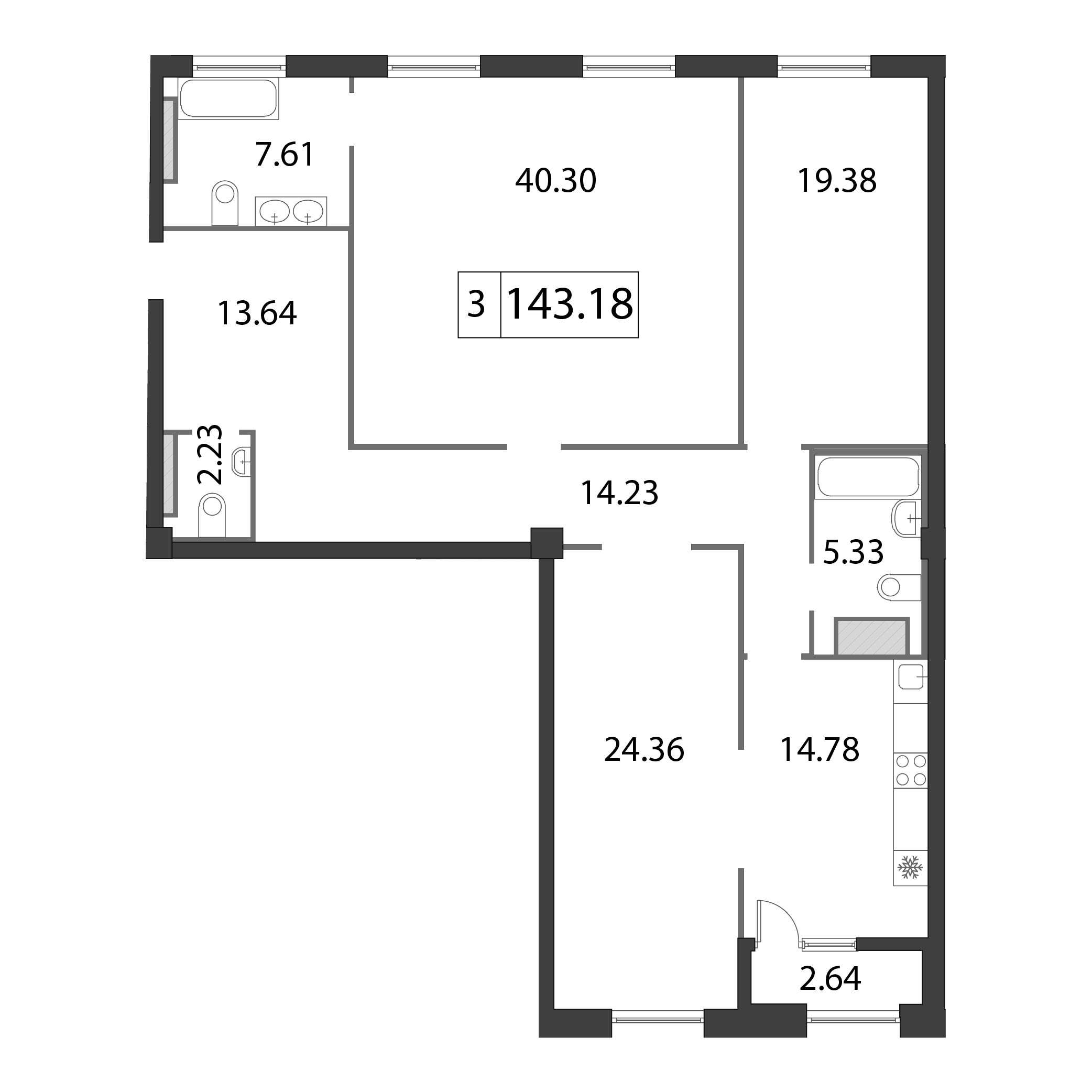 3-комнатная квартира, 142.9 м² - планировка, фото №1