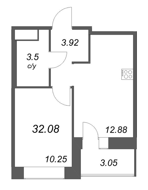 1-комнатная квартира, 32.08 м² в ЖК "Уютный" - планировка, фото №1