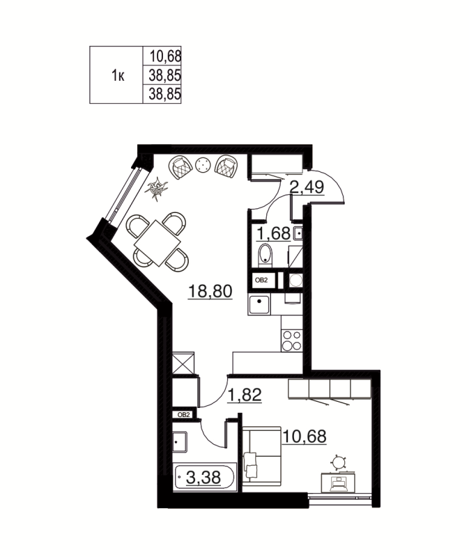 2-комнатная (Евро) квартира, 38.85 м² в ЖК "Соло. Петергоф" - планировка, фото №1