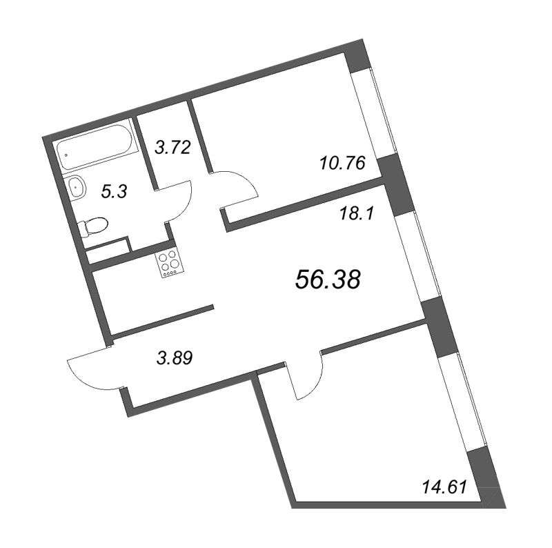 3-комнатная (Евро) квартира, 56.38 м² в ЖК "17/33 Петровский остров" - планировка, фото №1