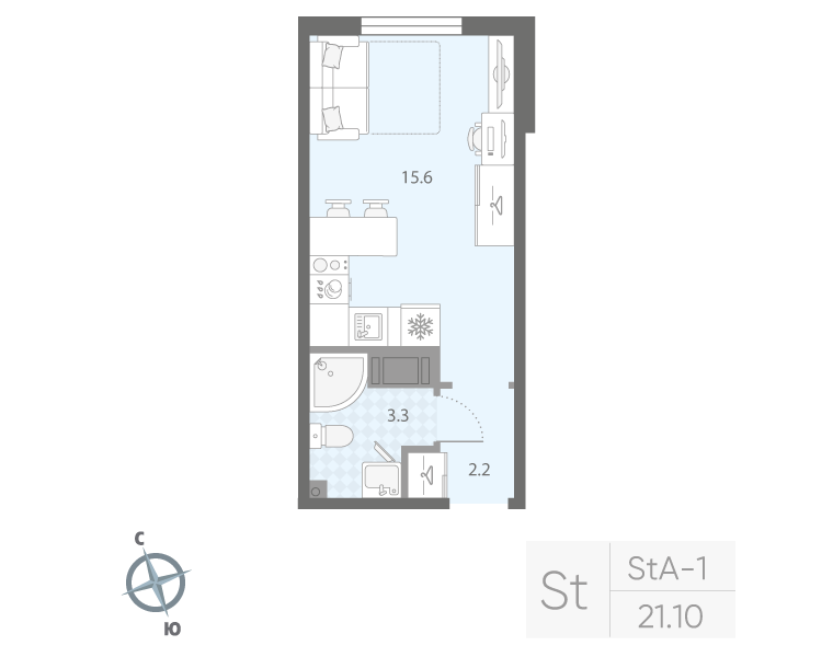 Квартира-студия, 21.1 м² в ЖК "Дыбенко Парк" - планировка, фото №1