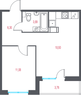2-комнатная (Евро) квартира, 41.65 м² в ЖК "Город-спутник Южный" - планировка, фото №1