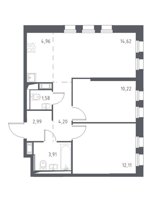 3-комнатная (Евро) квартира, 54.59 м² в ЖК "Новые Лаврики" - планировка, фото №1