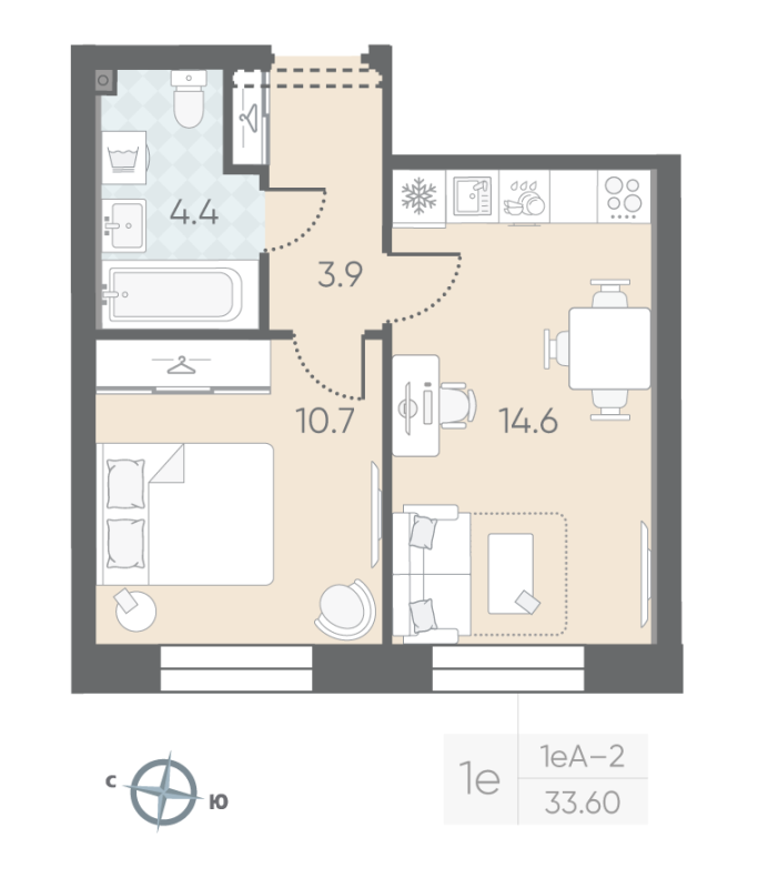 1-комнатная квартира, 33.6 м² в ЖК "Большая Охта" - планировка, фото №1
