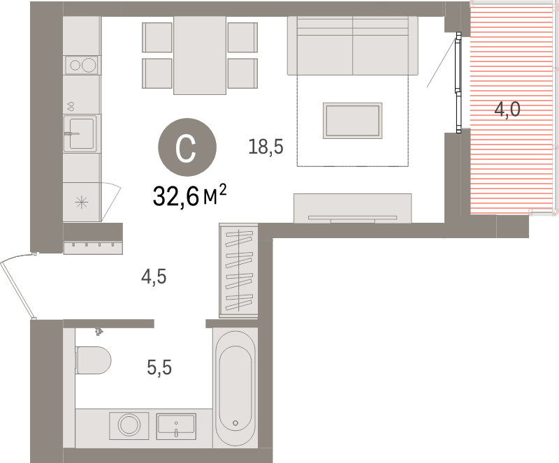 Квартира-студия, 32.6 м² в ЖК "Брусника в Новоселье" - планировка, фото №1
