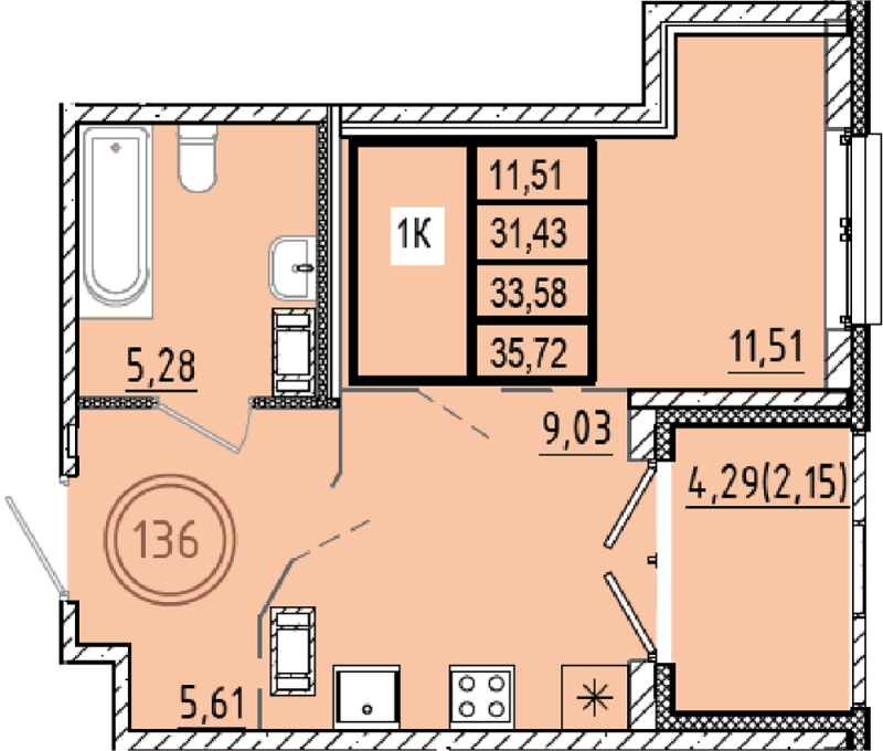 1-комнатная квартира, 31.43 м² в ЖК "Образцовый квартал 9.1" - планировка, фото №1