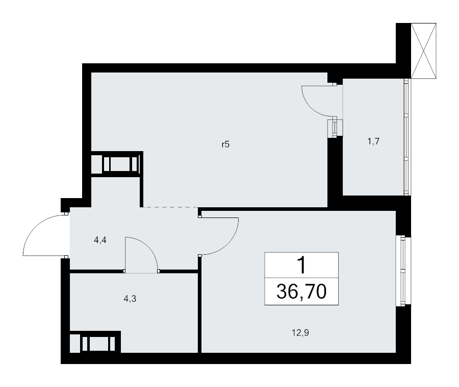 1-комнатная квартира, 36.7 м² - планировка, фото №1