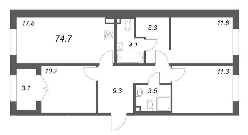 4-комнатная (Евро) квартира, 74.7 м² в ЖК "Пулково Lake" - планировка, фото №1
