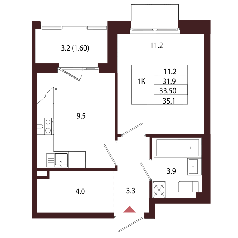 1-комнатная квартира, 33.5 м² в ЖК "Лисино" - планировка, фото №1