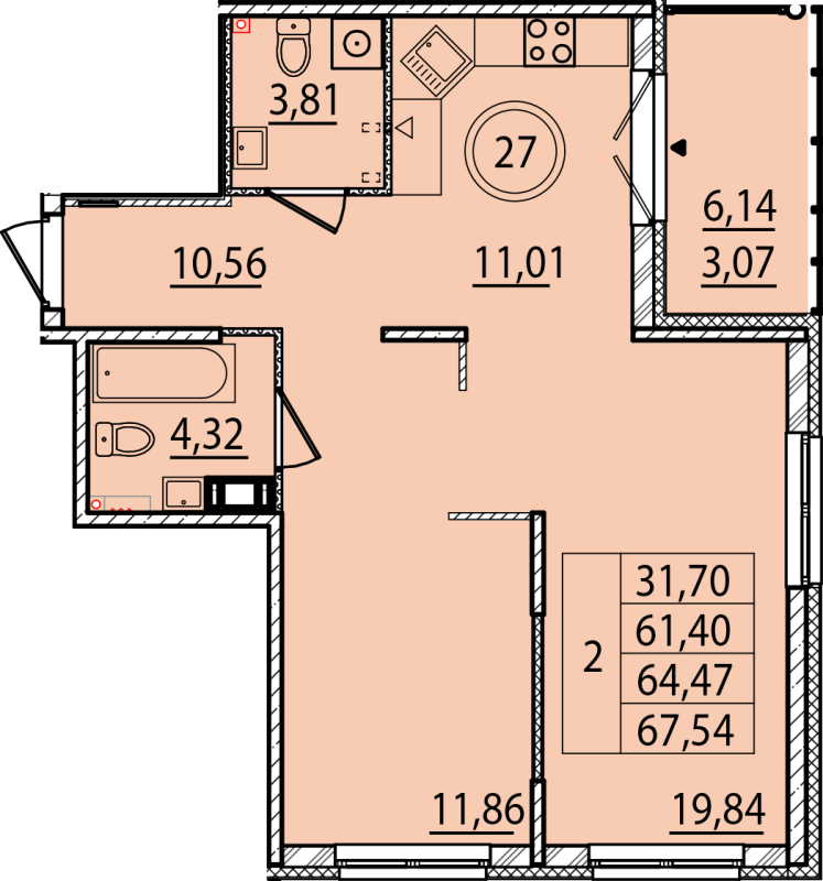 2-комнатная квартира, 61.4 м² - планировка, фото №1