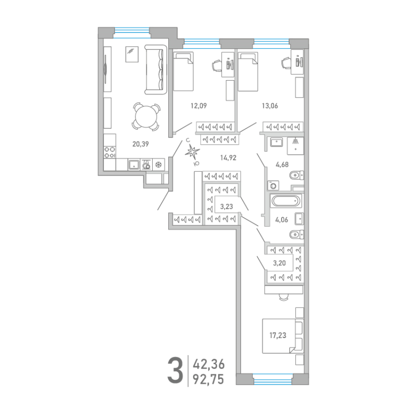 4-комнатная (Евро) квартира, 92.75 м² - планировка, фото №1