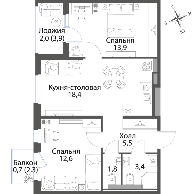 3-комнатная (Евро) квартира, 58.3 м² в ЖК "Экография" - планировка, фото №1