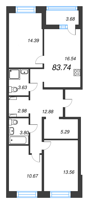 4-комнатная (Евро) квартира, 83.74 м² - планировка, фото №1