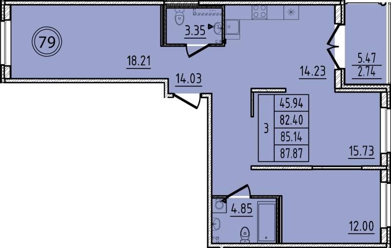3-комнатная квартира, 82.4 м² в ЖК "Образцовый квартал 14" - планировка, фото №1