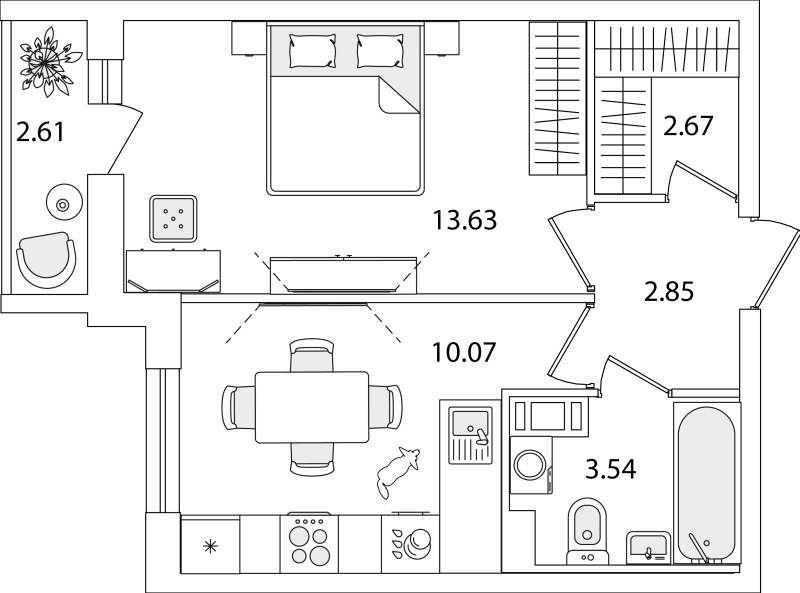 1-комнатная квартира, 34.07 м² в ЖК "Кинопарк" - планировка, фото №1