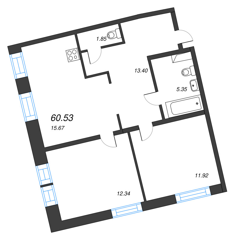 3-комнатная (Евро) квартира, 60.53 м² в ЖК "Бульвар Грина" - планировка, фото №1