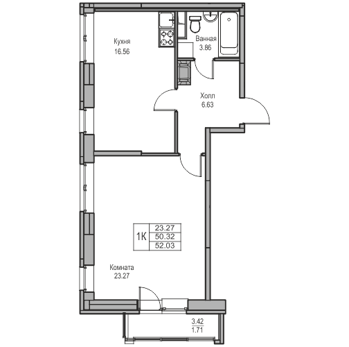 2-комнатная (Евро) квартира, 52.03 м² в ЖК "Юнтолово" - планировка, фото №1
