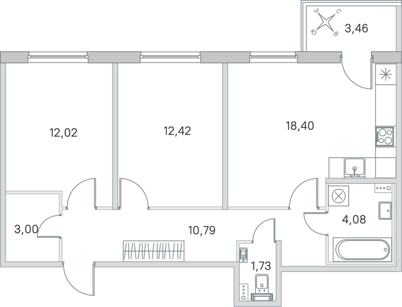 3-комнатная (Евро) квартира, 62.44 м² в ЖК "Любоград" - планировка, фото №1