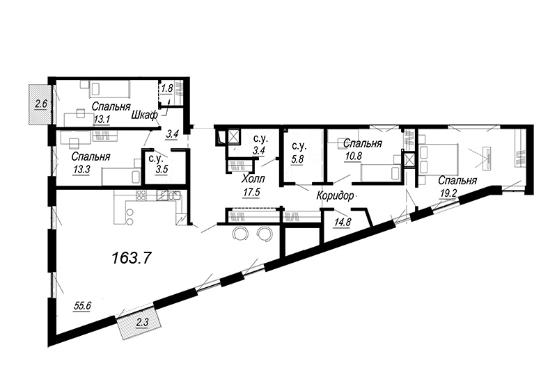 5-комнатная (Евро) квартира, 168.62 м² в ЖК "Meltzer Hall" - планировка, фото №1