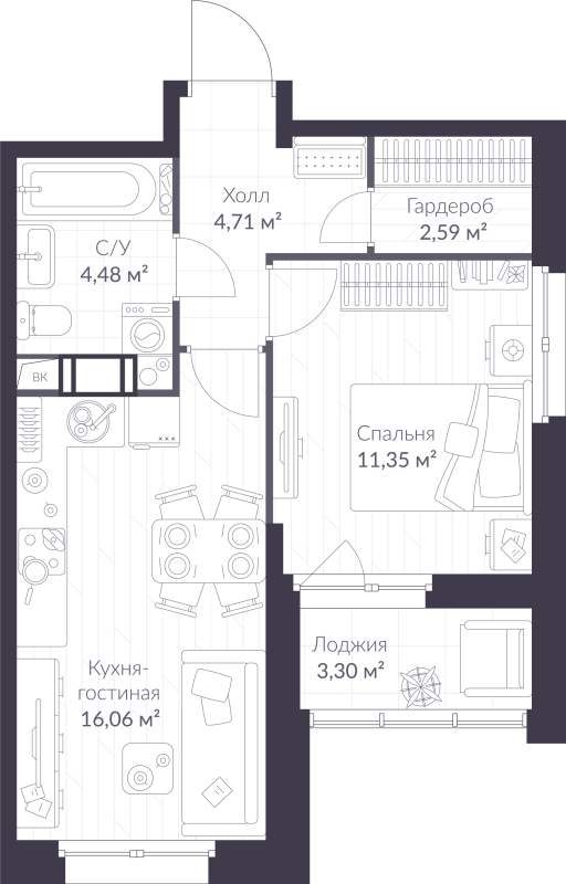 2-комнатная (Евро) квартира, 40.84 м² в ЖК "VEREN NORT сертолово" - планировка, фото №1