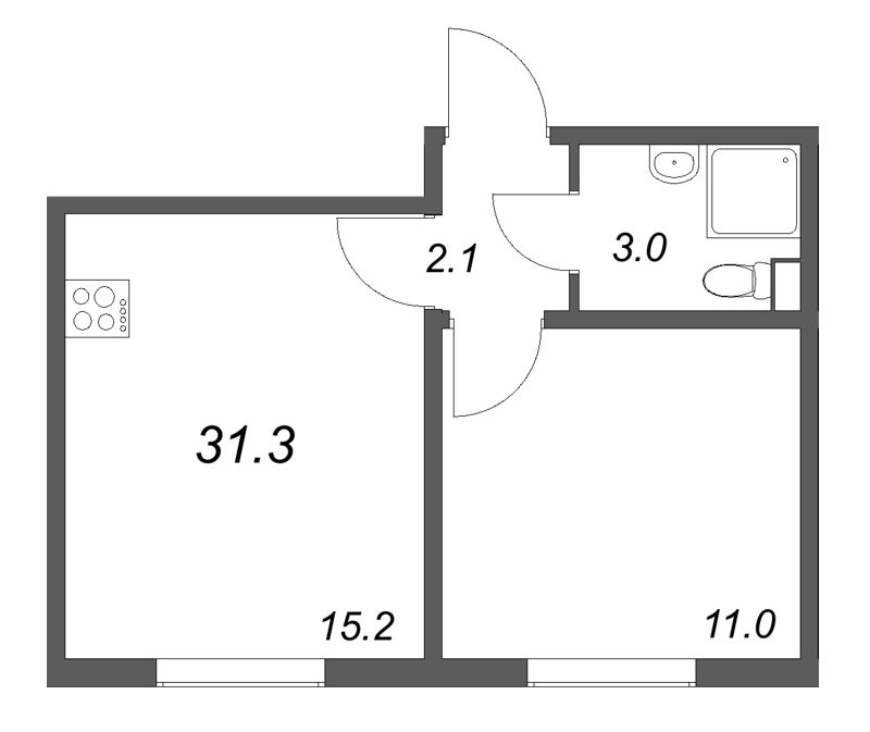 2-комнатная (Евро) квартира, 31.3 м² в ЖК "ЛСР. Ржевский парк" - планировка, фото №1