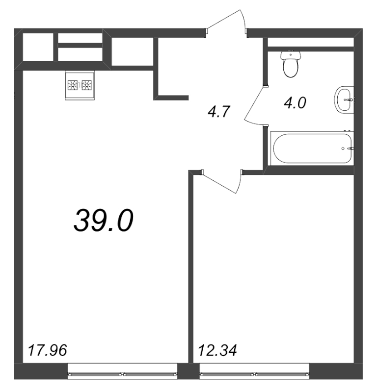 2-комнатная (Евро) квартира, 39 м² в ЖК "GloraX Premium Василеостровский" - планировка, фото №1