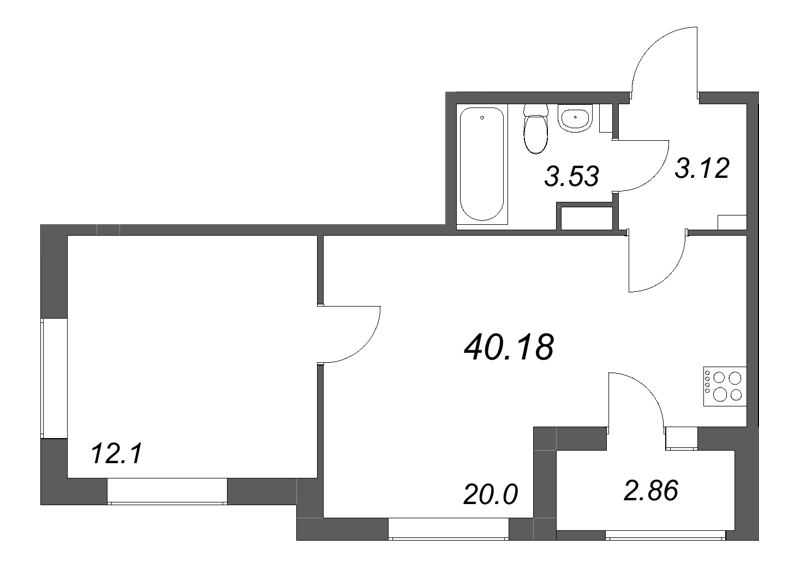2-комнатная (Евро) квартира, 40.18 м² в ЖК "Гранат" - планировка, фото №1