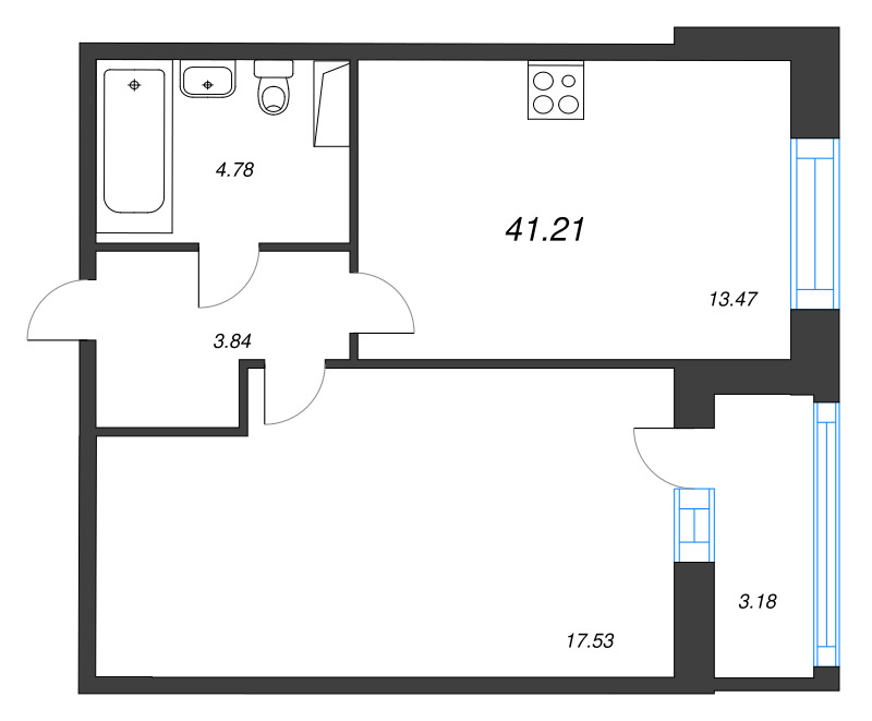 1-комнатная квартира, 41.14 м² в ЖК "Аквилон Leaves" - планировка, фото №1