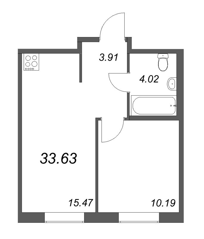 2-комнатная (Евро) квартира, 33.63 м² - планировка, фото №1
