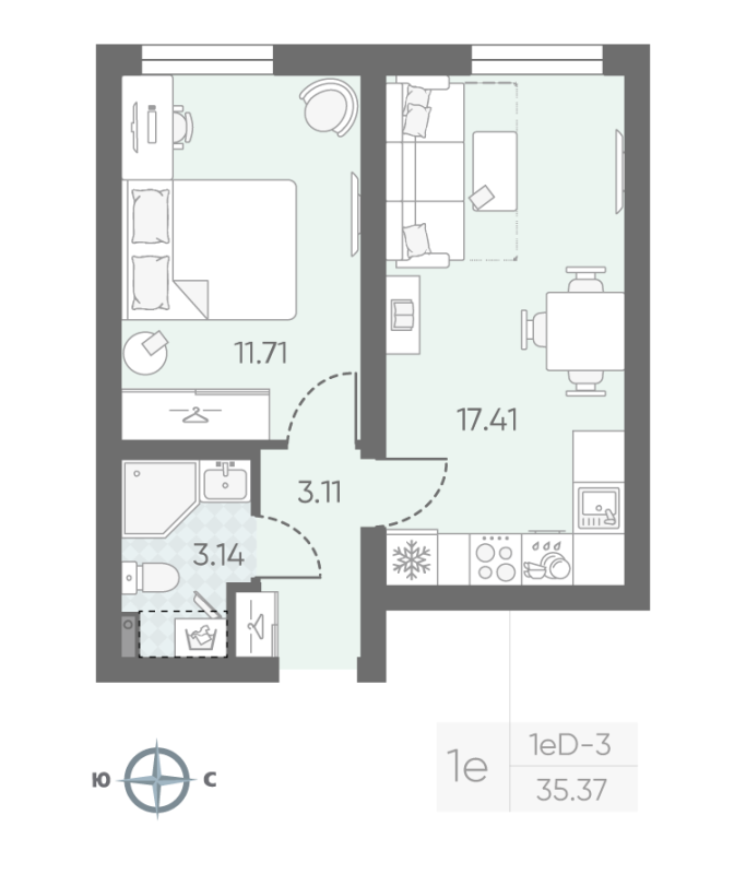 1-комнатная квартира, 35.37 м² в ЖК "Морская миля" - планировка, фото №1