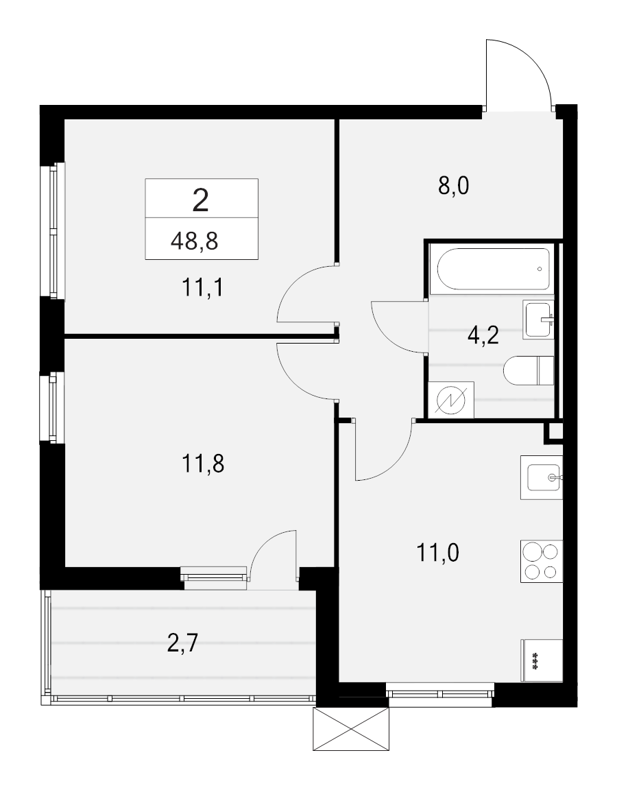 2-комнатная квартира, 48.8 м² - планировка, фото №1