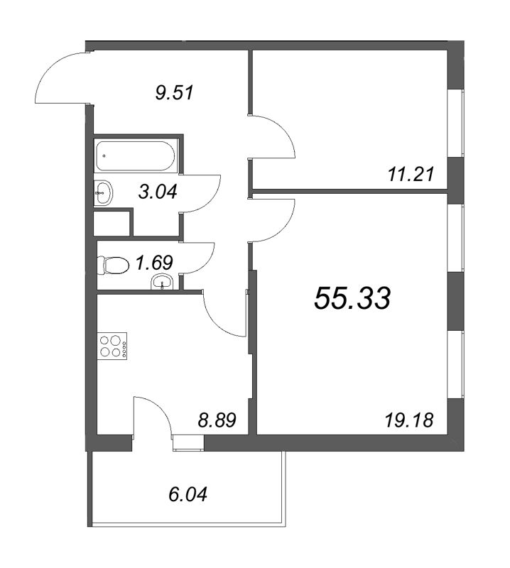 2-комнатная квартира, 55.3 м² - планировка, фото №1