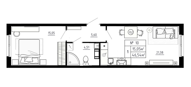 2-комнатная (Евро) квартира, 46.54 м² в ЖК "Аннино Сити" - планировка, фото №1