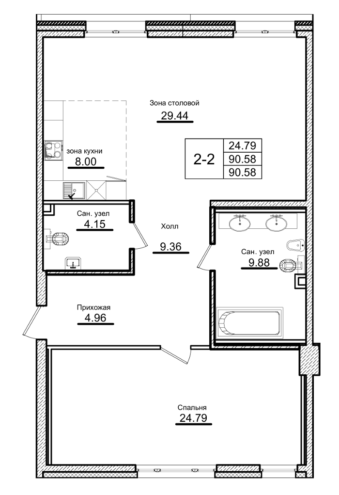 1-комнатная квартира, 93.8 м² - планировка, фото №1