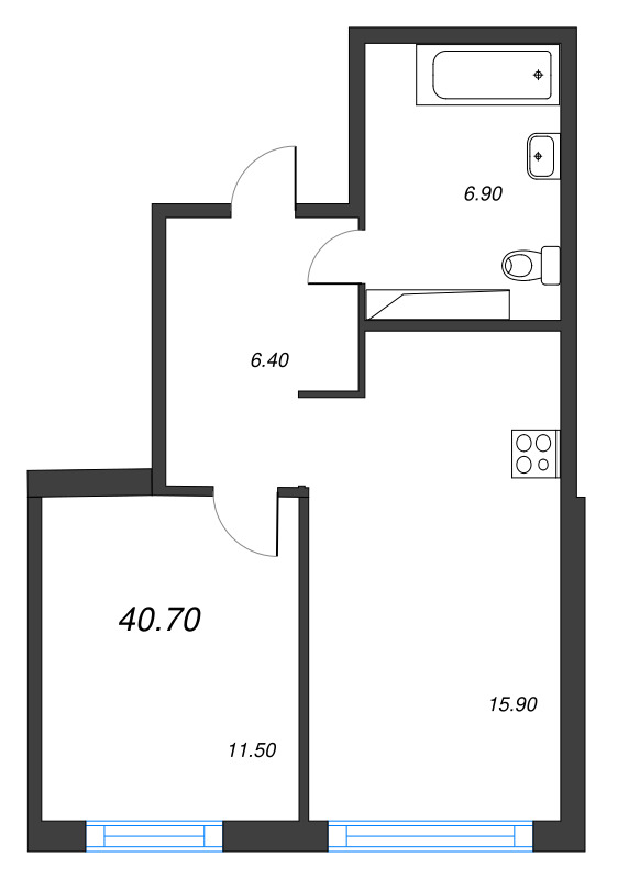 2-комнатная (Евро) квартира, 40.7 м² в ЖК "Струны" - планировка, фото №1