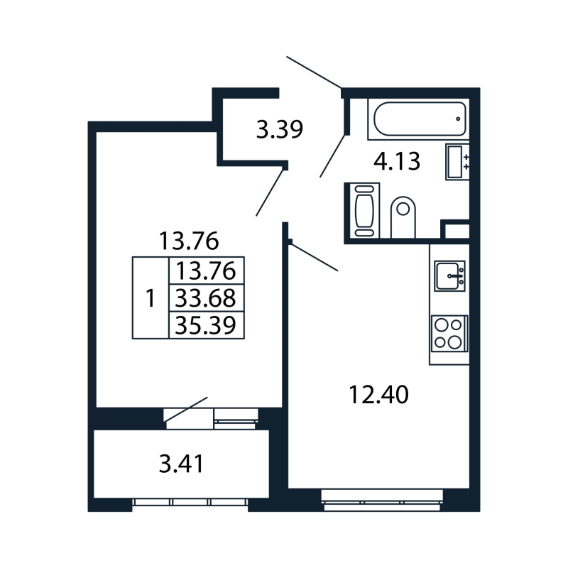 1-комнатная квартира, 33.68 м² - планировка, фото №1
