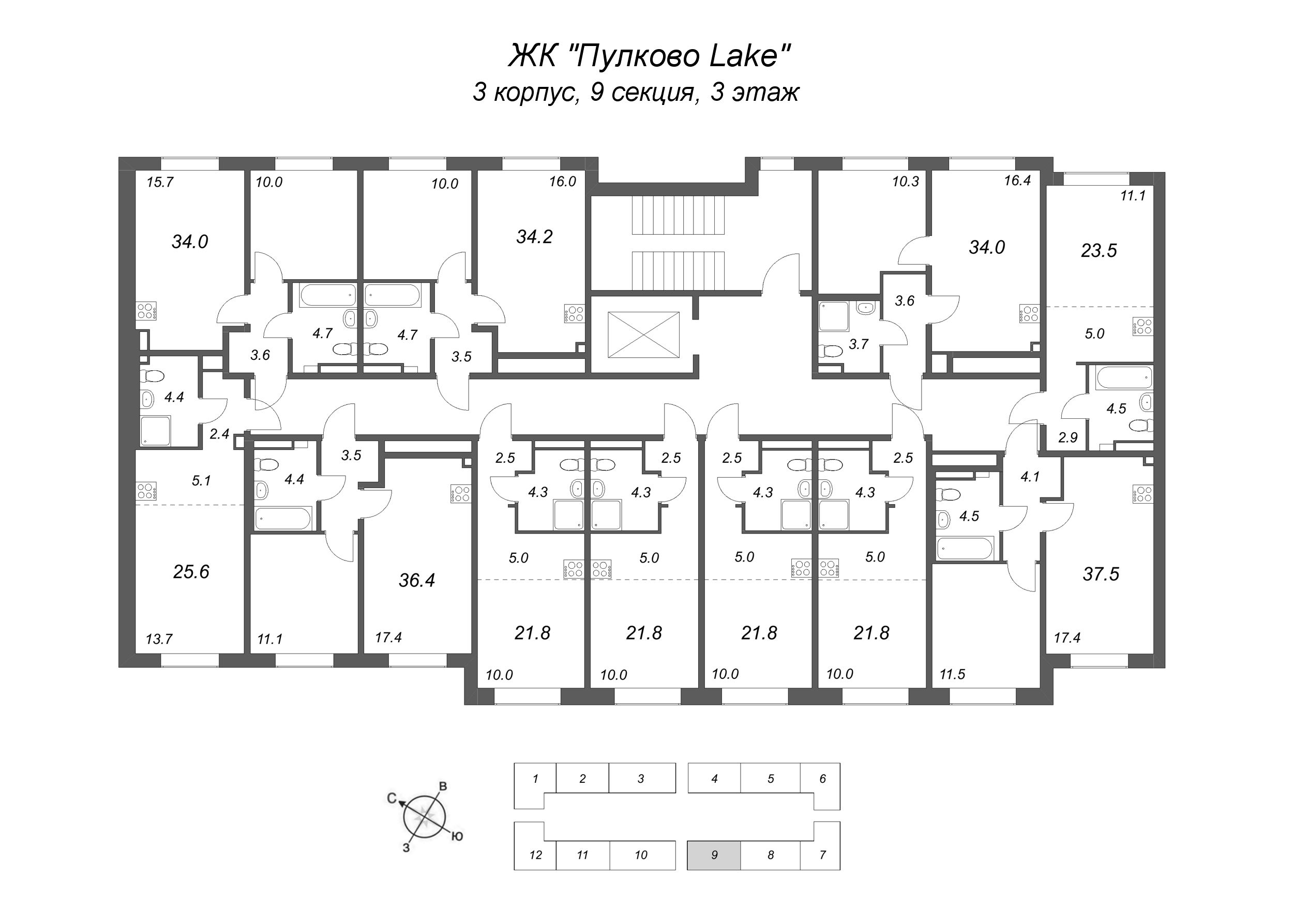 2-комнатная (Евро) квартира, 34 м² в ЖК "Пулково Lake" - планировка этажа