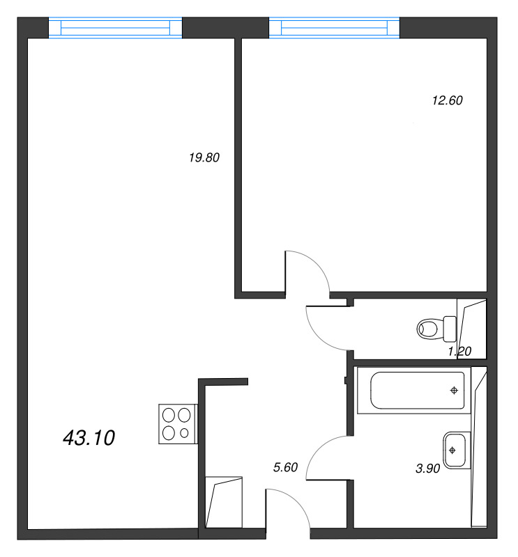 2-комнатная (Евро) квартира, 43.1 м² в ЖК "Руднева 15" - планировка, фото №1