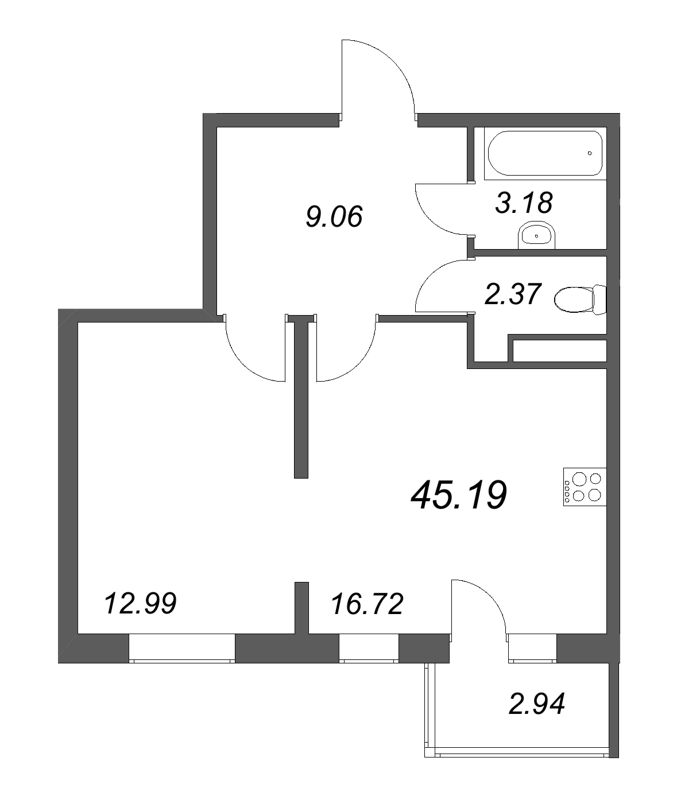 2-комнатная (Евро) квартира, 45.19 м² в ЖК "Новая история" - планировка, фото №1